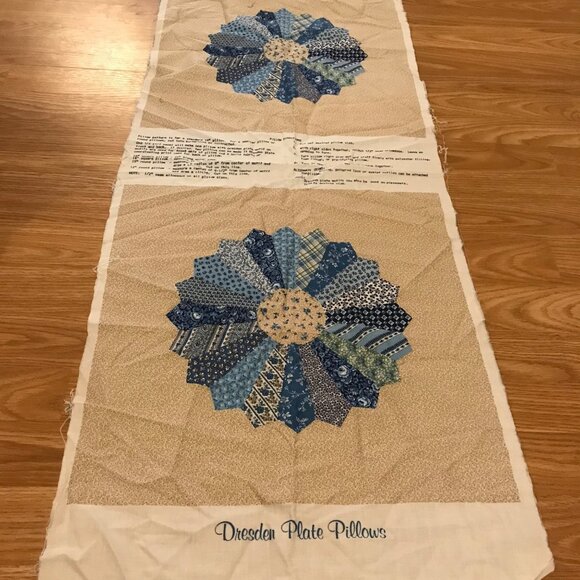 Dresden Pillow Panel Set 16" Square Blue & Beige Cotton Fabric Grannycore - Picture 2 of 6